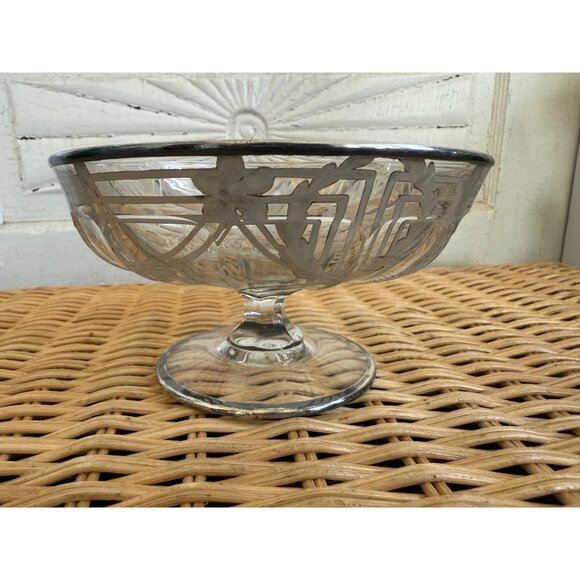 Antique 20's Art Deco Pedestal Candy Trinket Bowl Painted Sterling Overaly - Picture 9 of 16